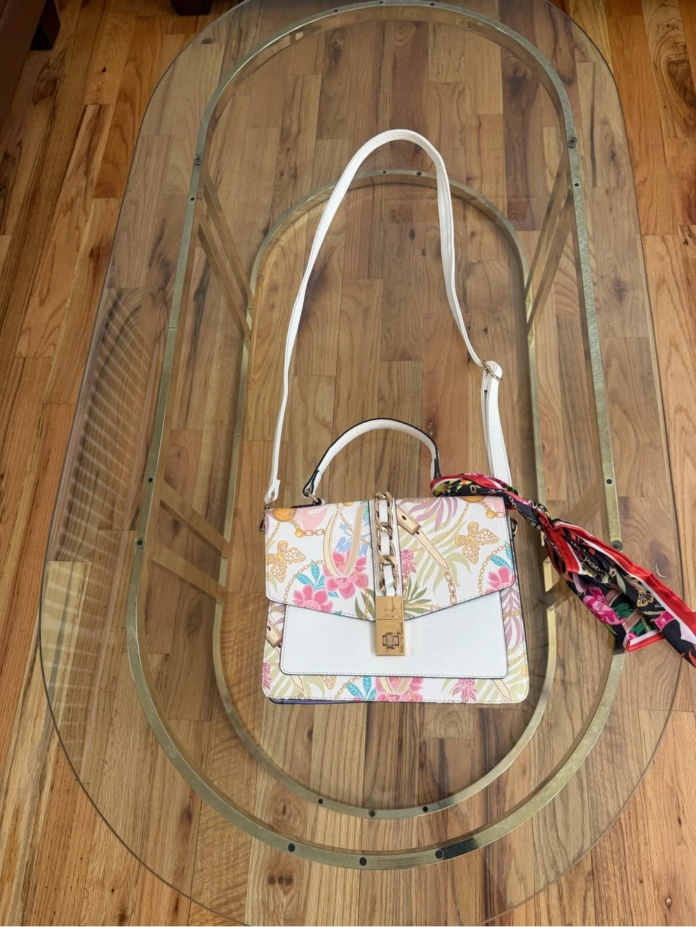 Aldo White Floral Print Crossbody Satchel with Gold Lock